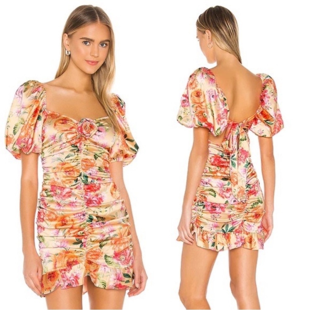 For Love & Lemons Versilla Mini Dress Peach Floral Ruched Satin Open Back XS